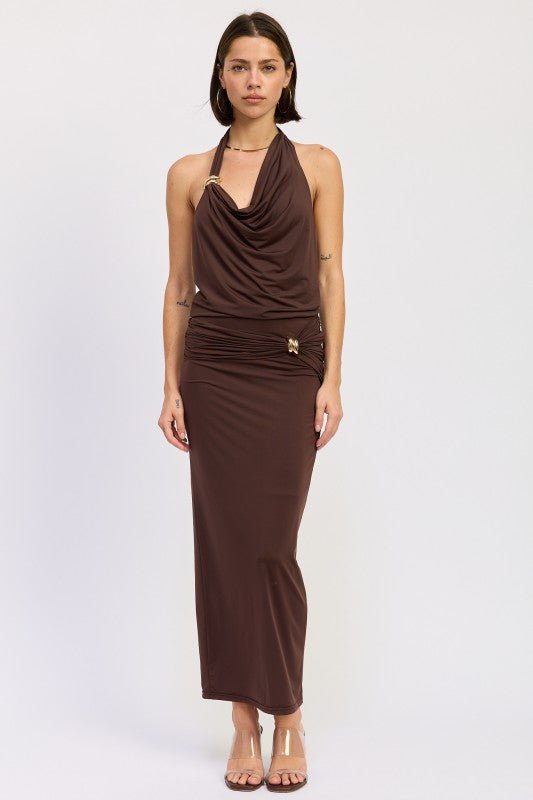 MAXI RUCHED KNITSKIRT WITH GOLD TRIM - Bratty Luxe