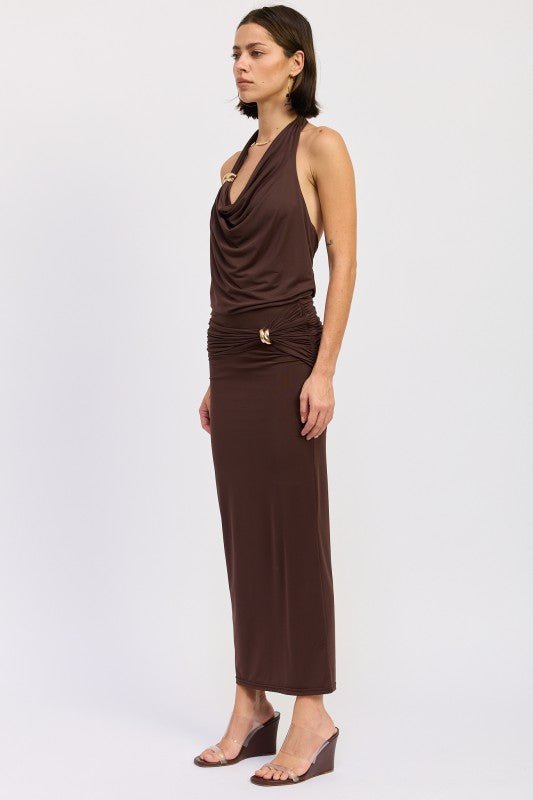 MAXI RUCHED KNITSKIRT WITH GOLD TRIM - Bratty Luxe