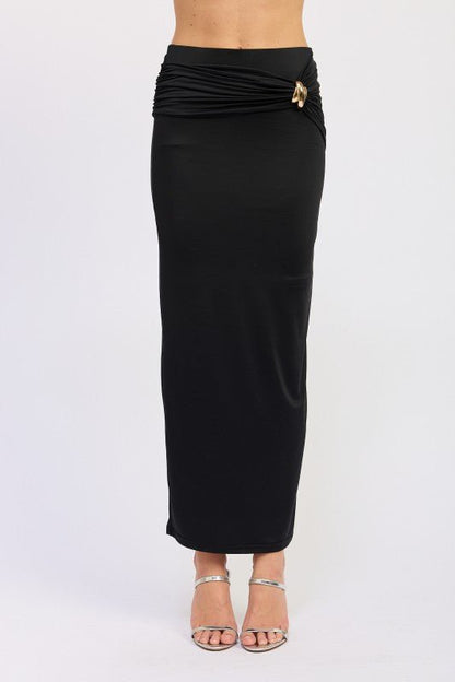 MAXI RUCHED KNITSKIRT WITH GOLD TRIM - Bratty Luxe