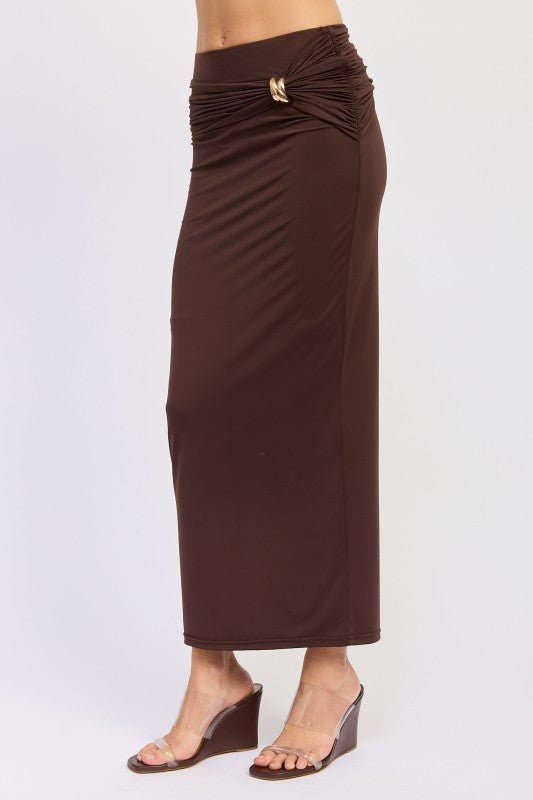 MAXI RUCHED KNITSKIRT WITH GOLD TRIM - Bratty Luxe