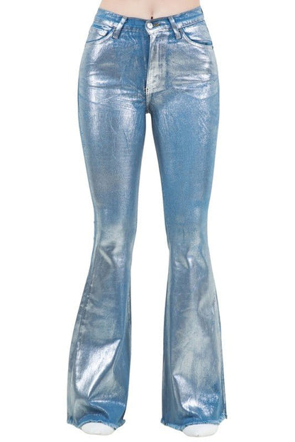 Metallic Bell Bottom Jean in Blue - Bratty Luxe