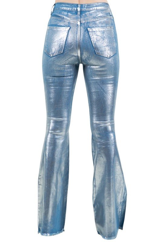 Metallic Bell Bottom Jean in Blue - Bratty Luxe