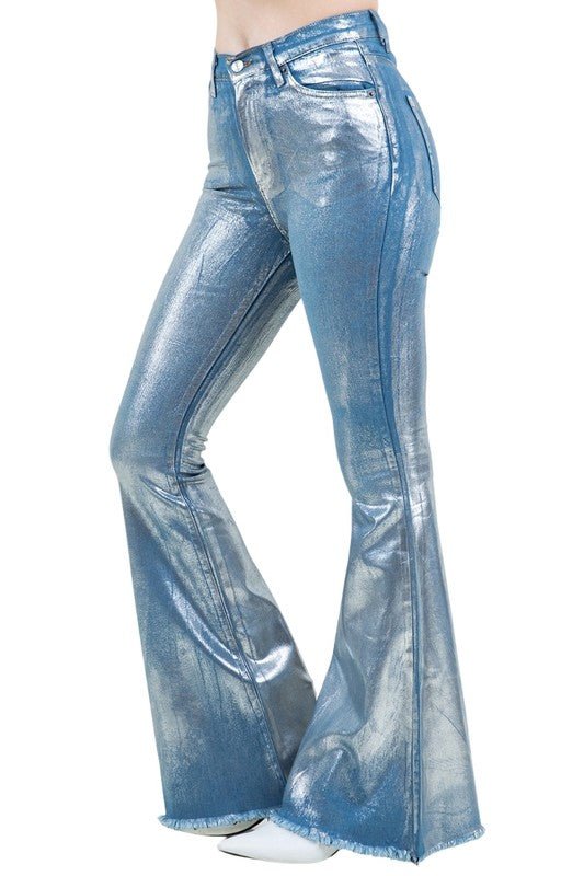 Metallic Bell Bottom Jean in Blue - Bratty Luxe