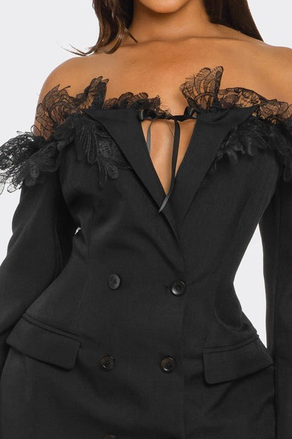Off - Shoulder Lace Blazer Dress - Bratty Luxe