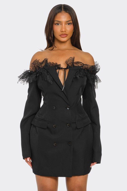 Off - Shoulder Lace Blazer Dress - Bratty Luxe