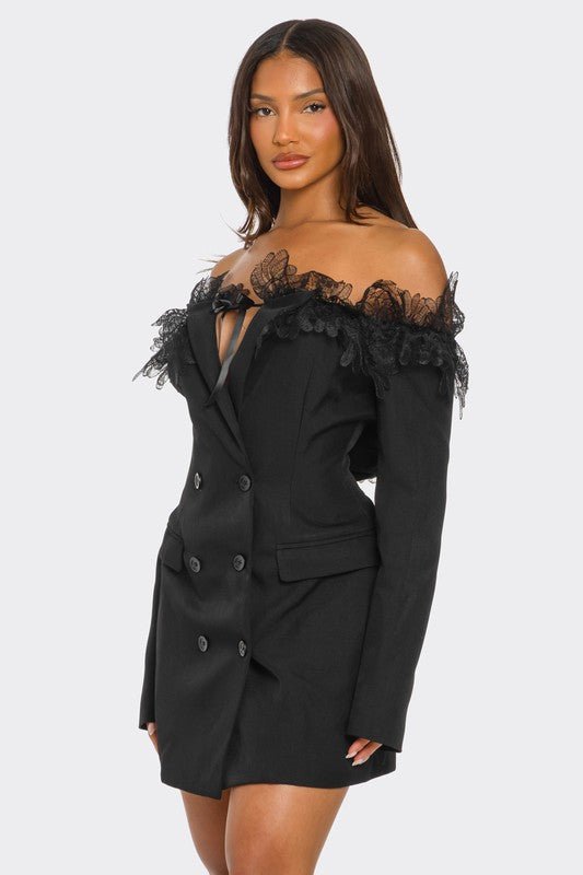 Off - Shoulder Lace Blazer Dress - Bratty Luxe