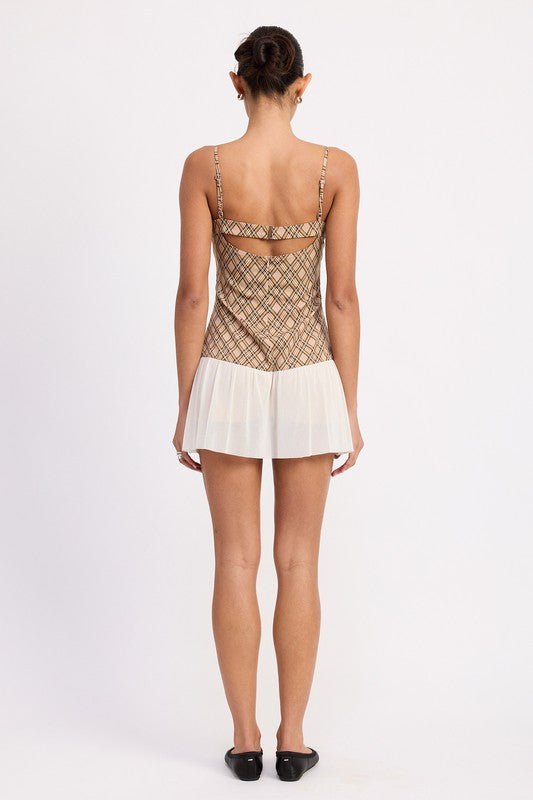 PLAID RUCHED MINI DRESS WITH CONTRAST TRIM - Bratty Luxe