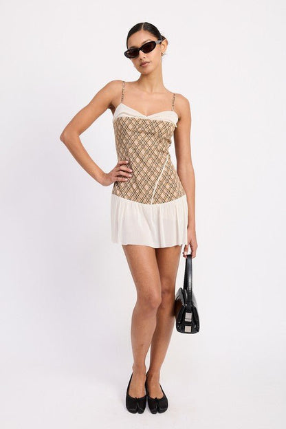 PLAID RUCHED MINI DRESS WITH CONTRAST TRIM - Bratty Luxe