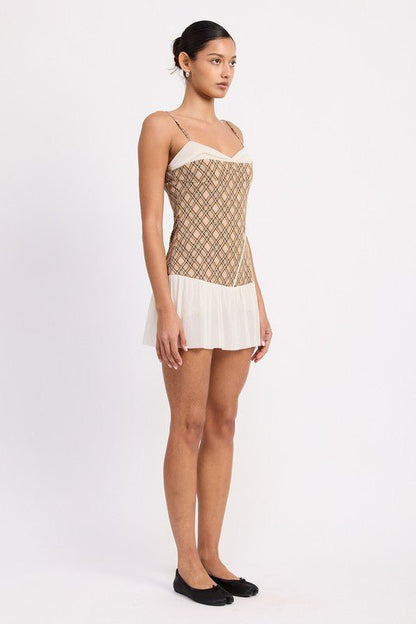 PLAID RUCHED MINI DRESS WITH CONTRAST TRIM - Bratty Luxe