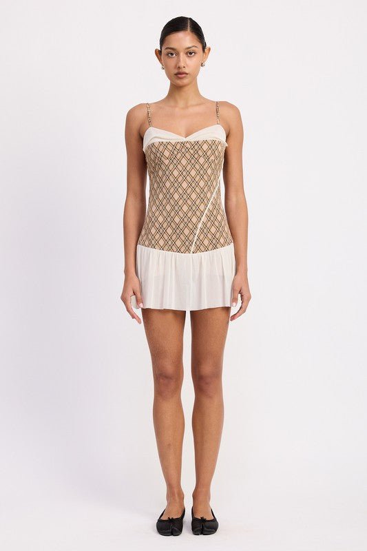 PLAID RUCHED MINI DRESS WITH CONTRAST TRIM - Bratty Luxe