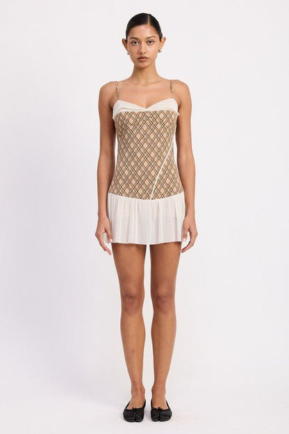 PLAID RUCHED MINI DRESS WITH CONTRAST TRIM - Bratty Luxe