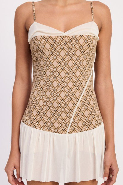 PLAID RUCHED MINI DRESS WITH CONTRAST TRIM - Bratty Luxe