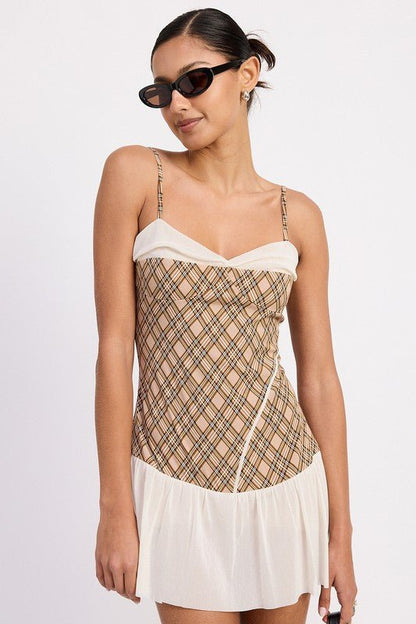 PLAID RUCHED MINI DRESS WITH CONTRAST TRIM - Bratty Luxe