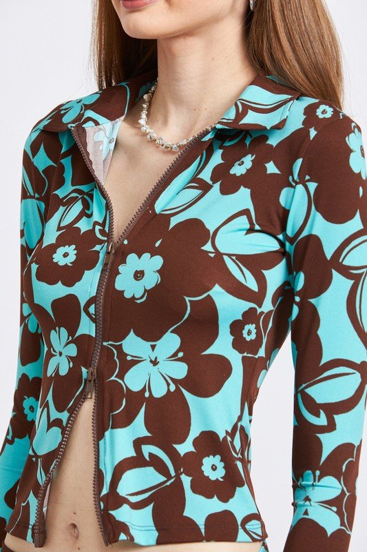 PRINTED LONG SLEEVE DUAL ZIP TOP - Bratty Luxe