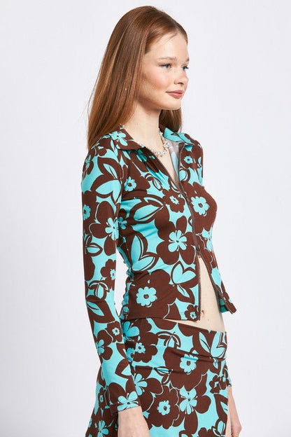 PRINTED LONG SLEEVE DUAL ZIP TOP - Bratty Luxe