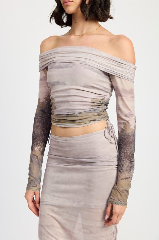 PRINTED OFF SHOUDER RUCHED TOP - Bratty Luxe
