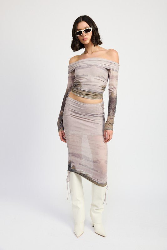 PRINTED OFF SHOUDER RUCHED TOP - Bratty Luxe