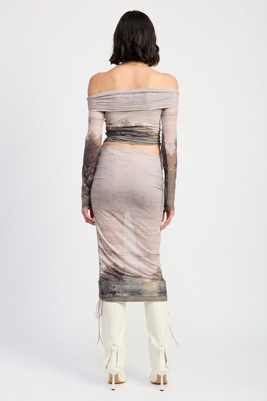 PRINTED OFF SHOUDER RUCHED TOP - Bratty Luxe