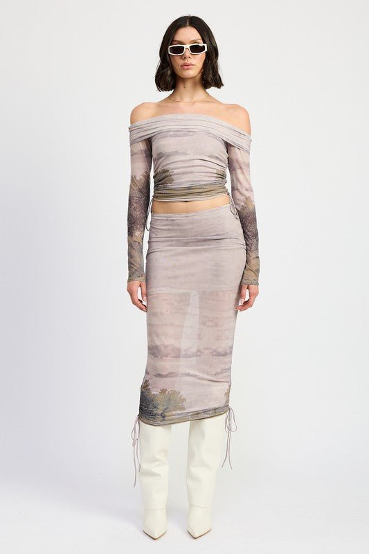 PRINTED OFF SHOUDER RUCHED TOP - Bratty Luxe