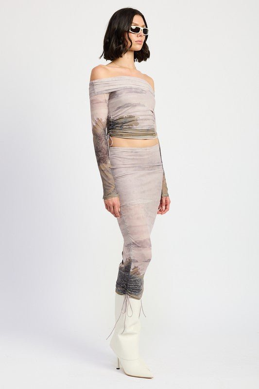 PRINTED OFF SHOUDER RUCHED TOP - Bratty Luxe