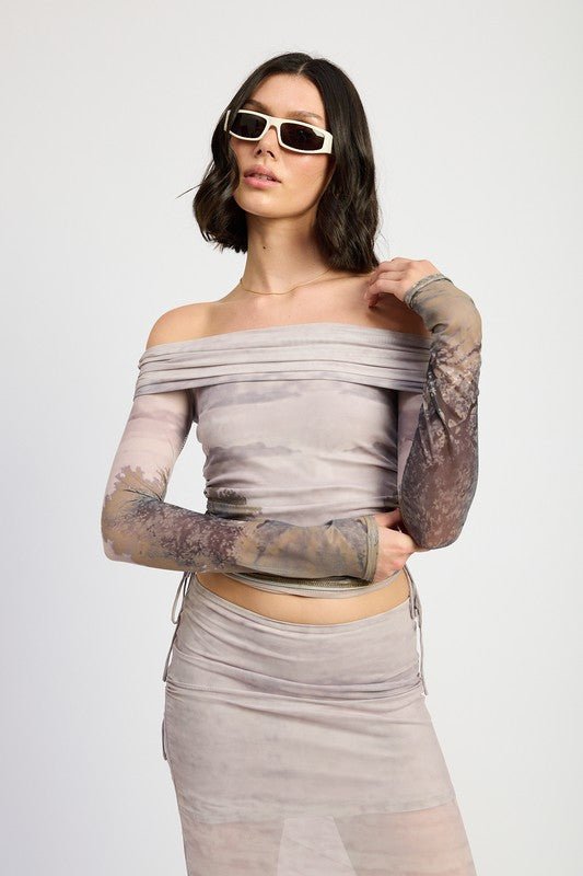 PRINTED OFF SHOUDER RUCHED TOP - Bratty Luxe