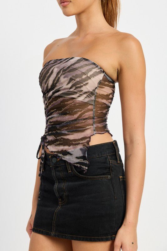 PRINTED RUCHED STRAPLESS TOP - Bratty Luxe