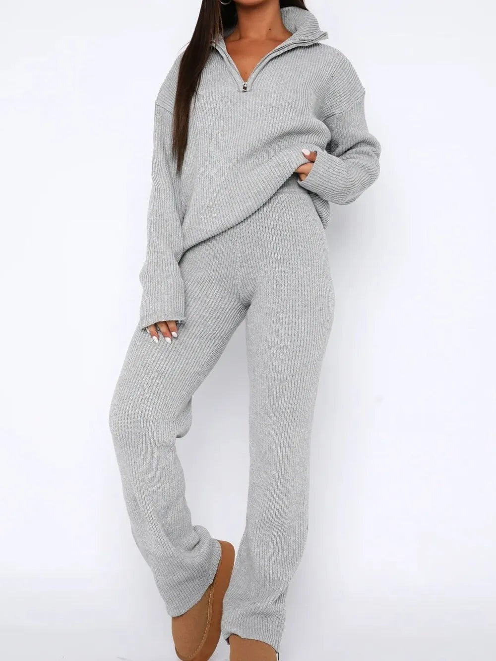 Quarter Zip Long Sleeve Top and Pants Set - Bratty Luxe