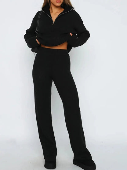 Quarter Zip Long Sleeve Top and Pants Set - Bratty Luxe