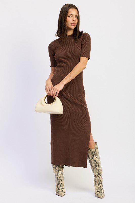 RIBBED SWEATER MIDI DRESS WITH SLIT - Bratty Luxe