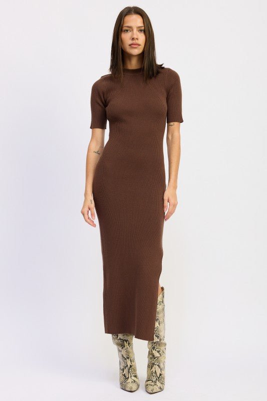 RIBBED SWEATER MIDI DRESS WITH SLIT - Bratty Luxe