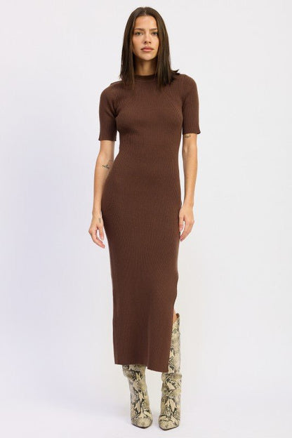 RIBBED SWEATER MIDI DRESS WITH SLIT - Bratty Luxe
