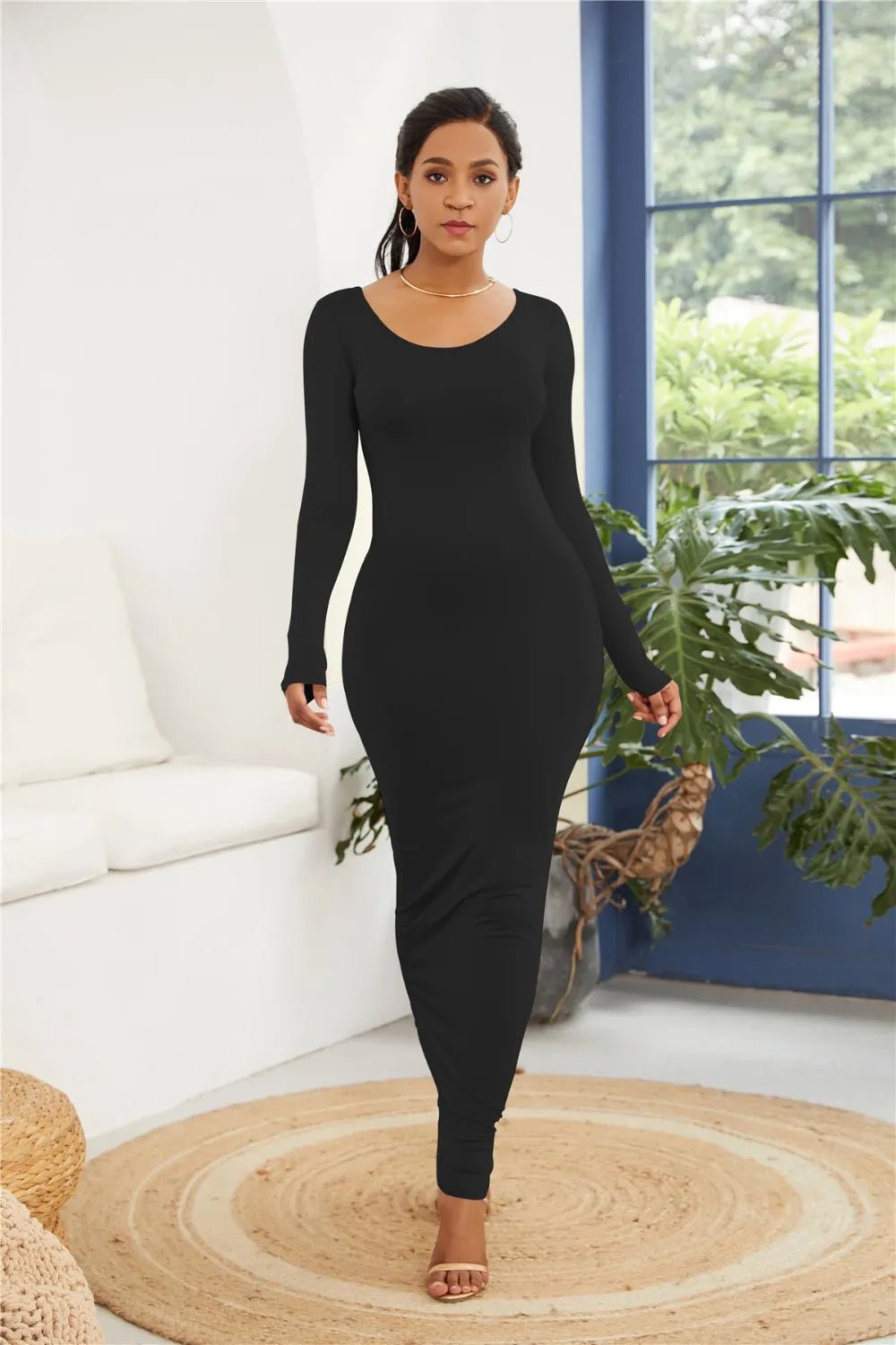 Round Neck Long Sleeve Maxi Wrap Dress - Bratty Luxe