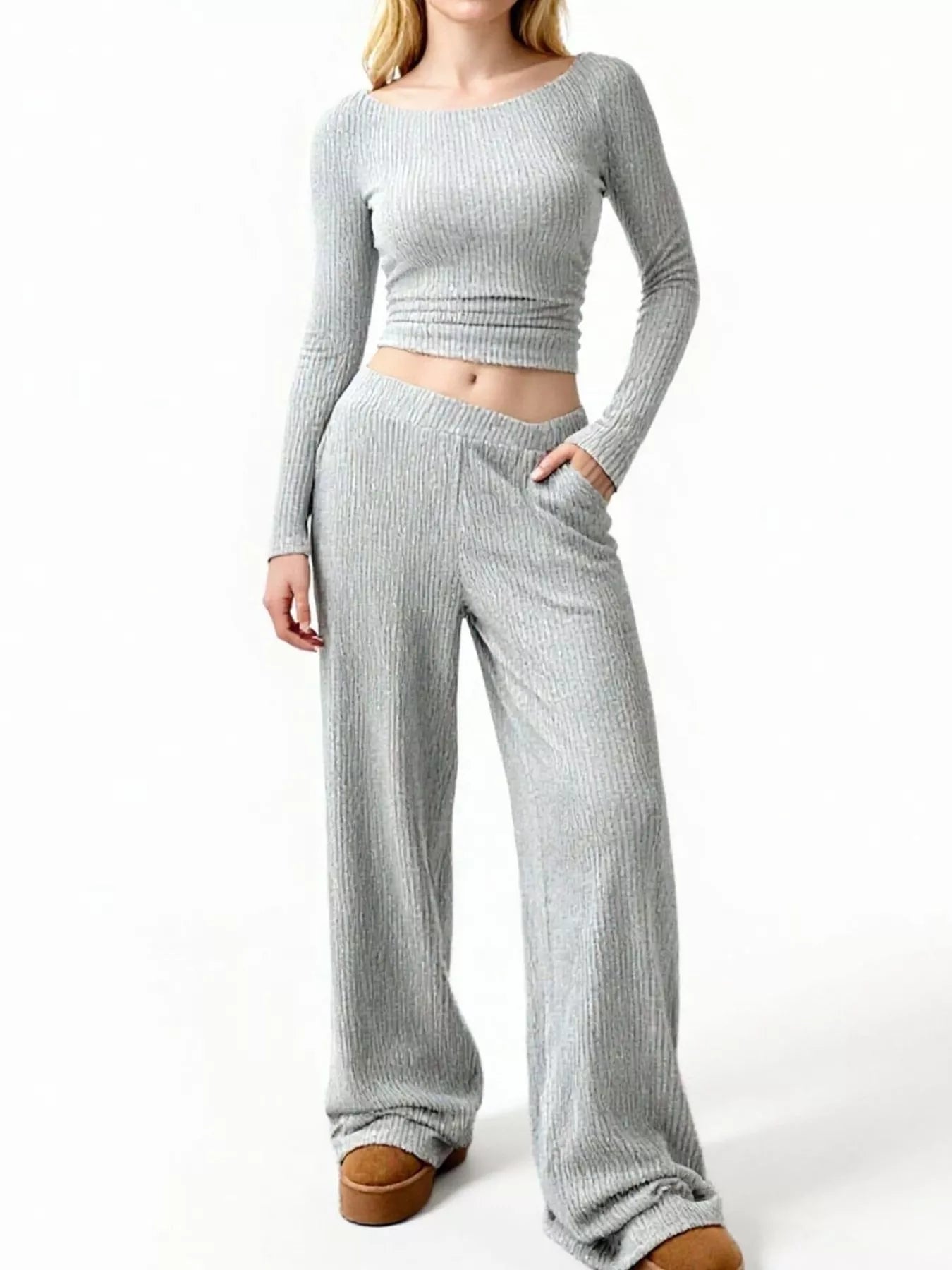 Round Neck Long Sleeve Top and Pants Set - Bratty Luxe