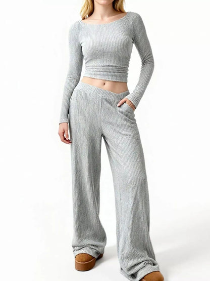 Round Neck Long Sleeve Top and Pants Set - Bratty Luxe