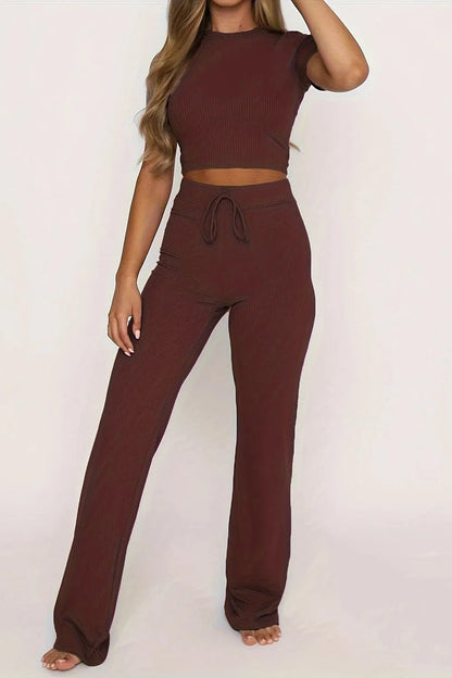 Round Neck Short Sleeve Top and Pants Set - Bratty Luxe