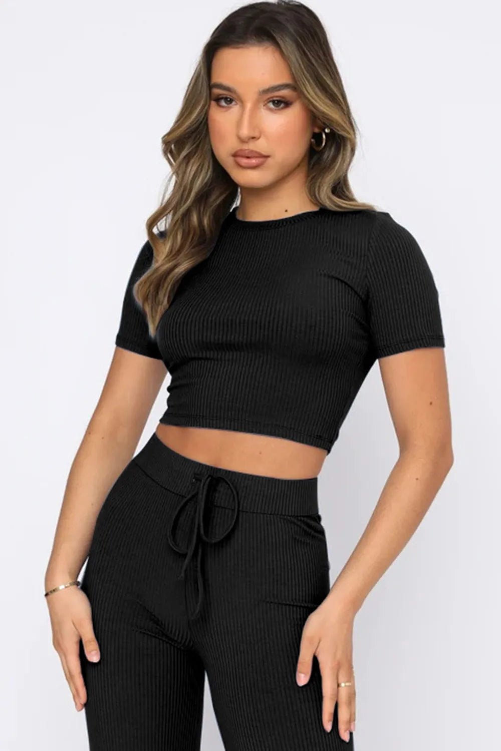 Round Neck Short Sleeve Top and Pants Set - Bratty Luxe