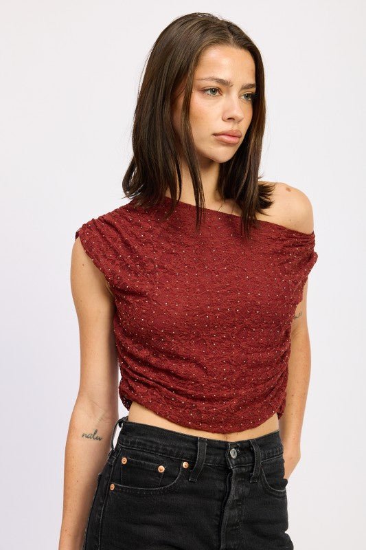 RUCHED ONE SHOULDER LACE TOP WITH RHINESTONES - Bratty Luxe