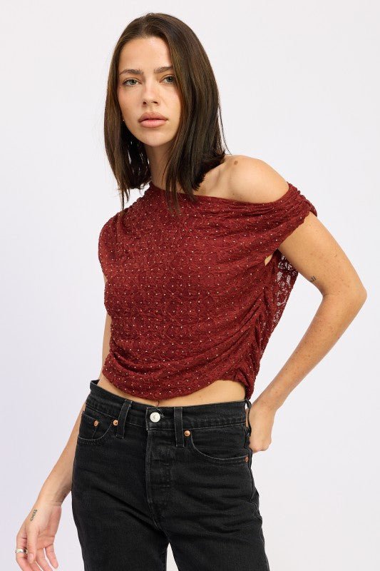 RUCHED ONE SHOULDER LACE TOP WITH RHINESTONES - Bratty Luxe