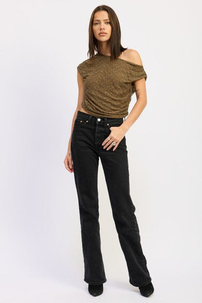 RUCHED ONE SHOULDER LACE TOP WITH RHINESTONES - Bratty Luxe