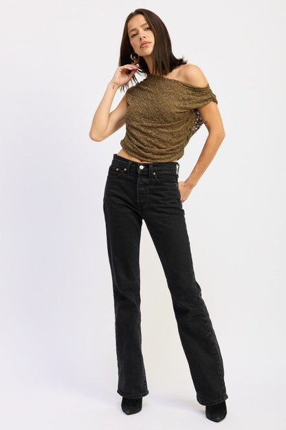 RUCHED ONE SHOULDER LACE TOP WITH RHINESTONES - Bratty Luxe