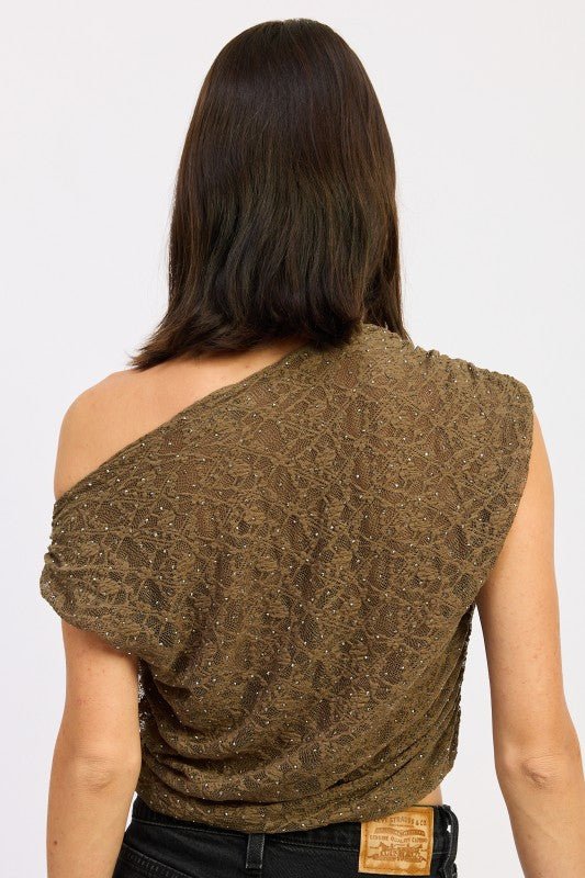 RUCHED ONE SHOULDER LACE TOP WITH RHINESTONES - Bratty Luxe