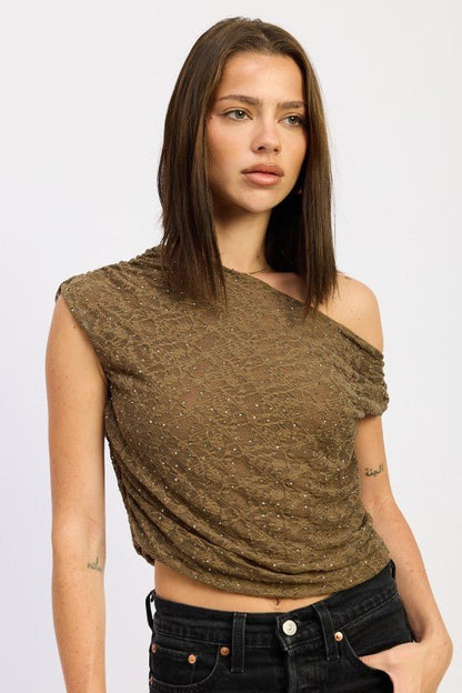 RUCHED ONE SHOULDER LACE TOP WITH RHINESTONES - Bratty Luxe