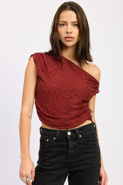 RUCHED ONE SHOULDER LACE TOP WITH RHINESTONES - Bratty Luxe