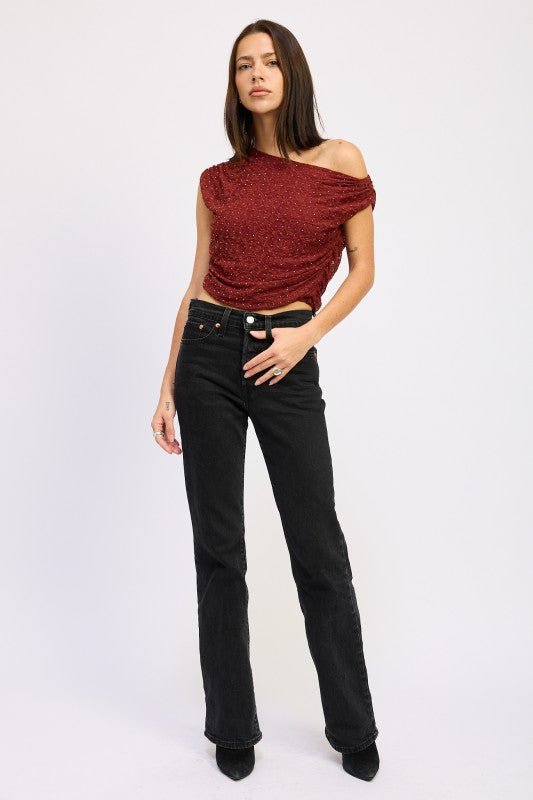 RUCHED ONE SHOULDER LACE TOP WITH RHINESTONES - Bratty Luxe