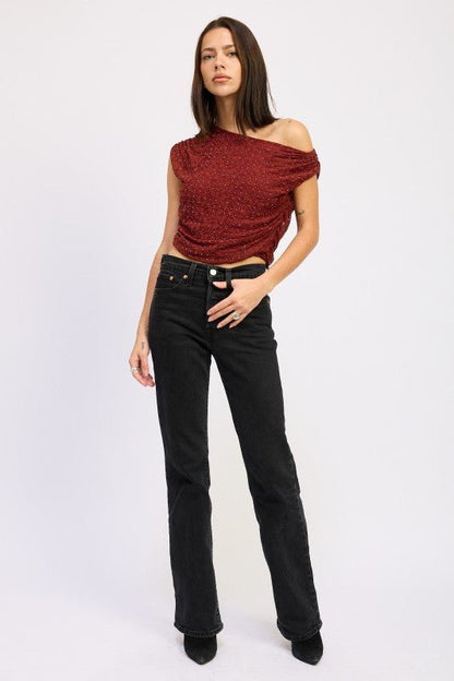 RUCHED ONE SHOULDER LACE TOP WITH RHINESTONES - Bratty Luxe