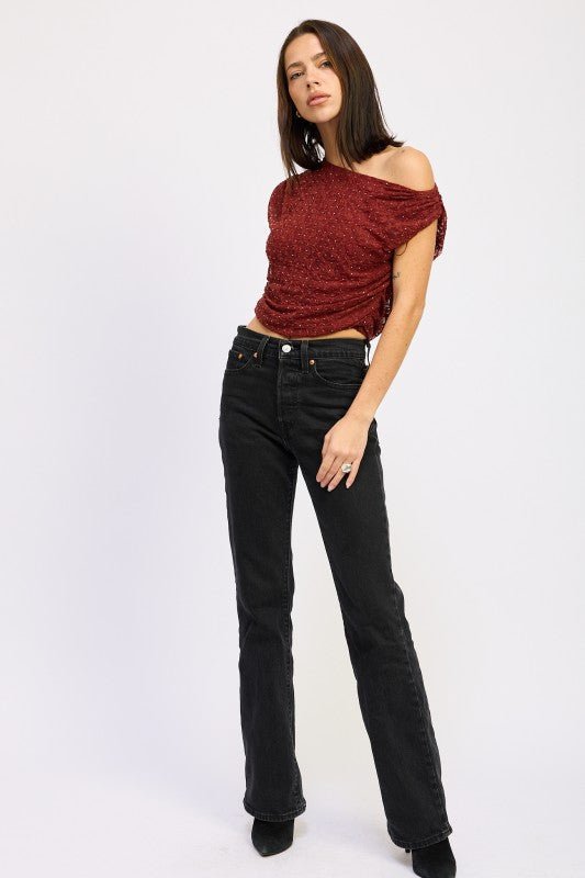 RUCHED ONE SHOULDER LACE TOP WITH RHINESTONES - Bratty Luxe