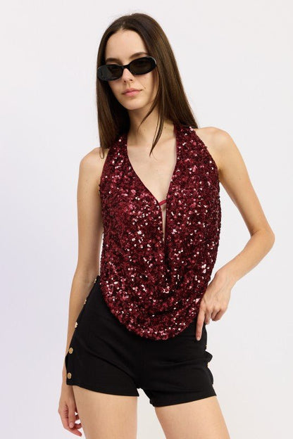 SEQUIN COWL DRAPE HALTER TOP - Bratty Luxe