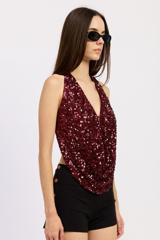 SEQUIN COWL DRAPE HALTER TOP - Bratty Luxe