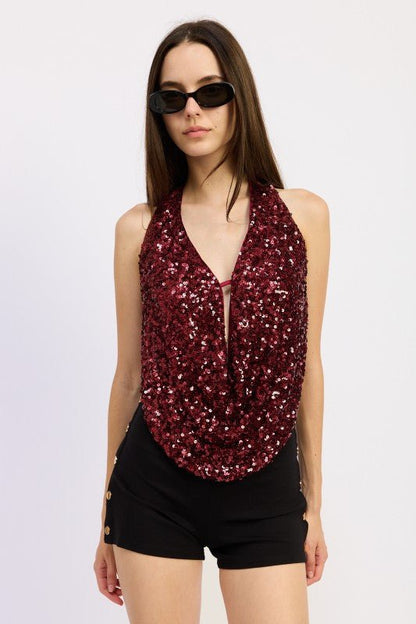 SEQUIN COWL DRAPE HALTER TOP - Bratty Luxe