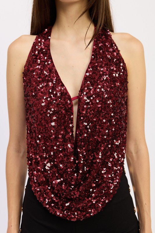 SEQUIN COWL DRAPE HALTER TOP - Bratty Luxe